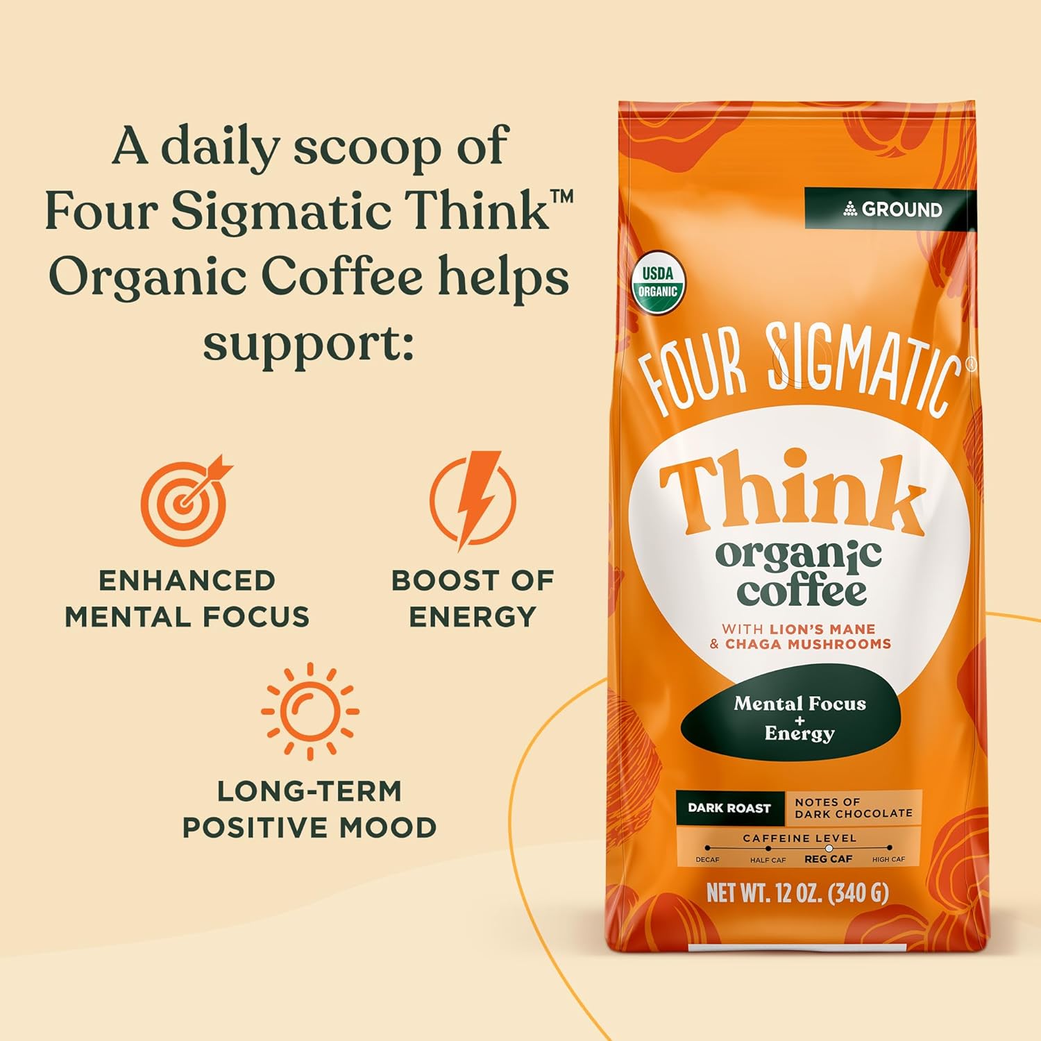 Four Sigmatic Think Organic Ground Coffee | Dark Roast, Fair Trade Gourmet Coffee with Lion's Mane Mushroom and Chaga Mushroom | Nootropic Mushroom Coffee for Better Focus & Immune Support | 12oz Bag - Image 4