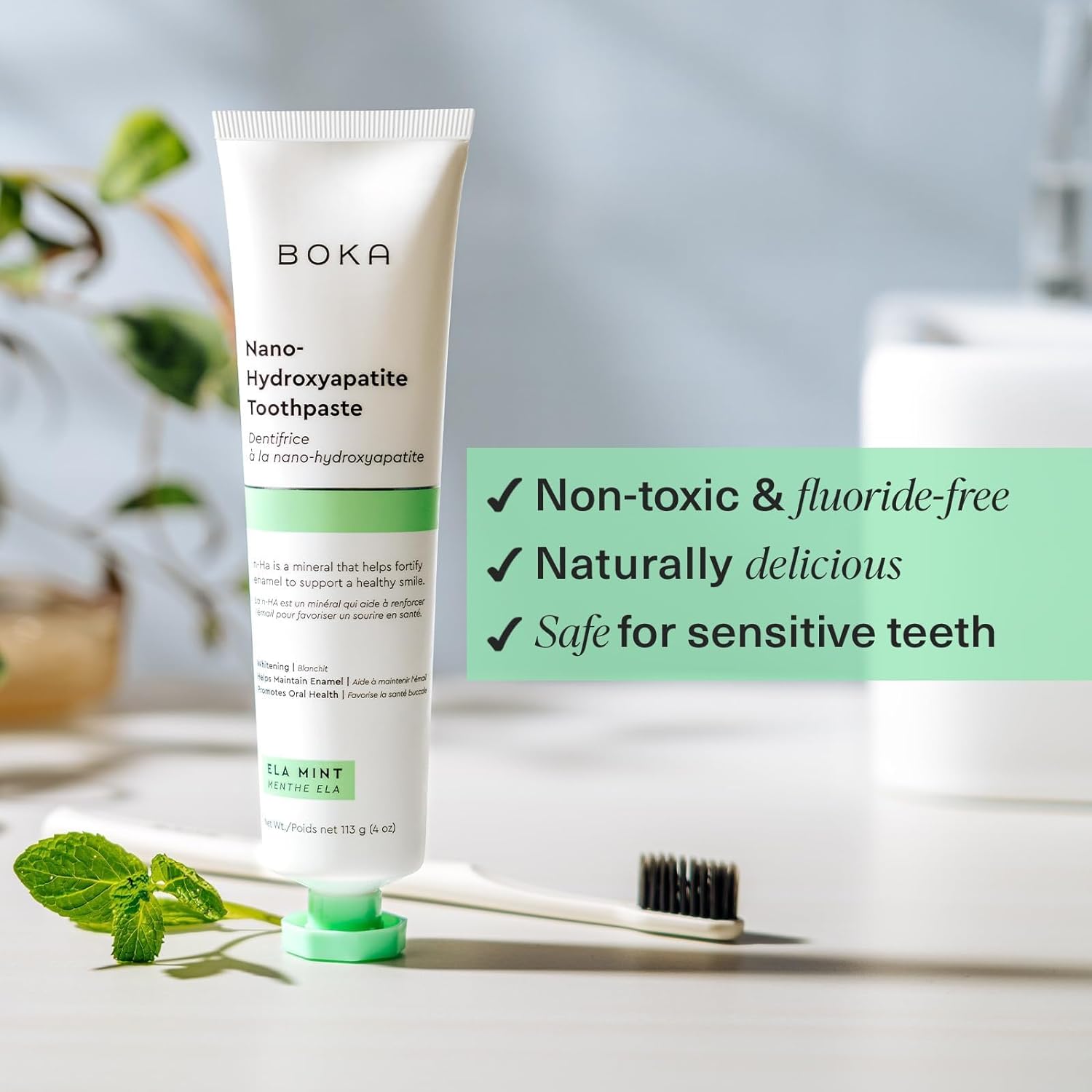 Boka Fluoride Free Toothpaste - Nano Hydroxyapatite, Remineralizing, Sensitive Teeth, Whitening - Dentist Recommended for Adult & Kids Oral Care - Ela Mint Natural Flavor, 4oz 1 Pk - US Manufactured - Image 2