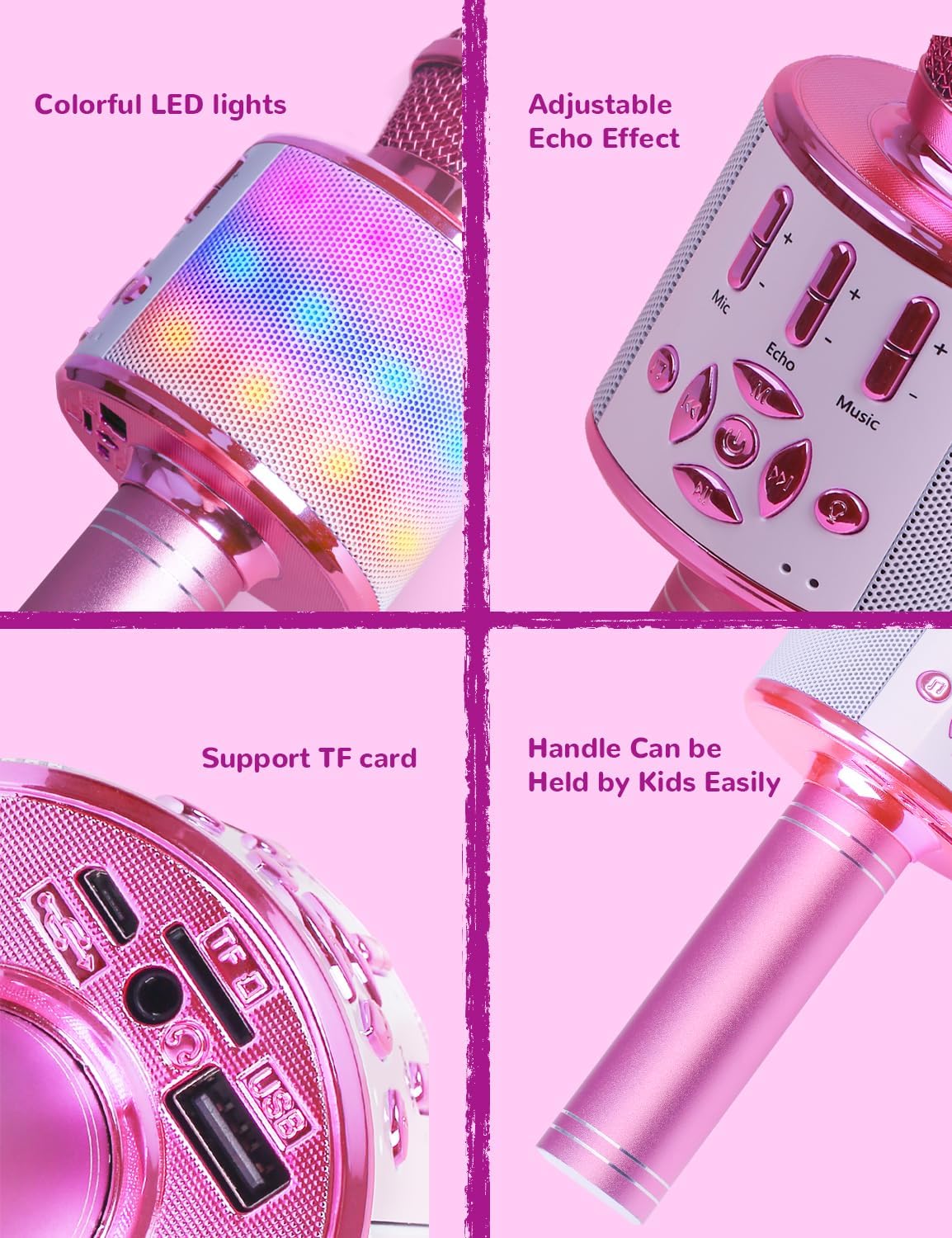 Amazmic Toys for Girls, Kids Karaoke Microphone Toddler Microphone for Kids with Lights, Birthday Gift for Girls, Boys Toy Age 3 4 5 6 7 8+(Light Pink) - Image 4